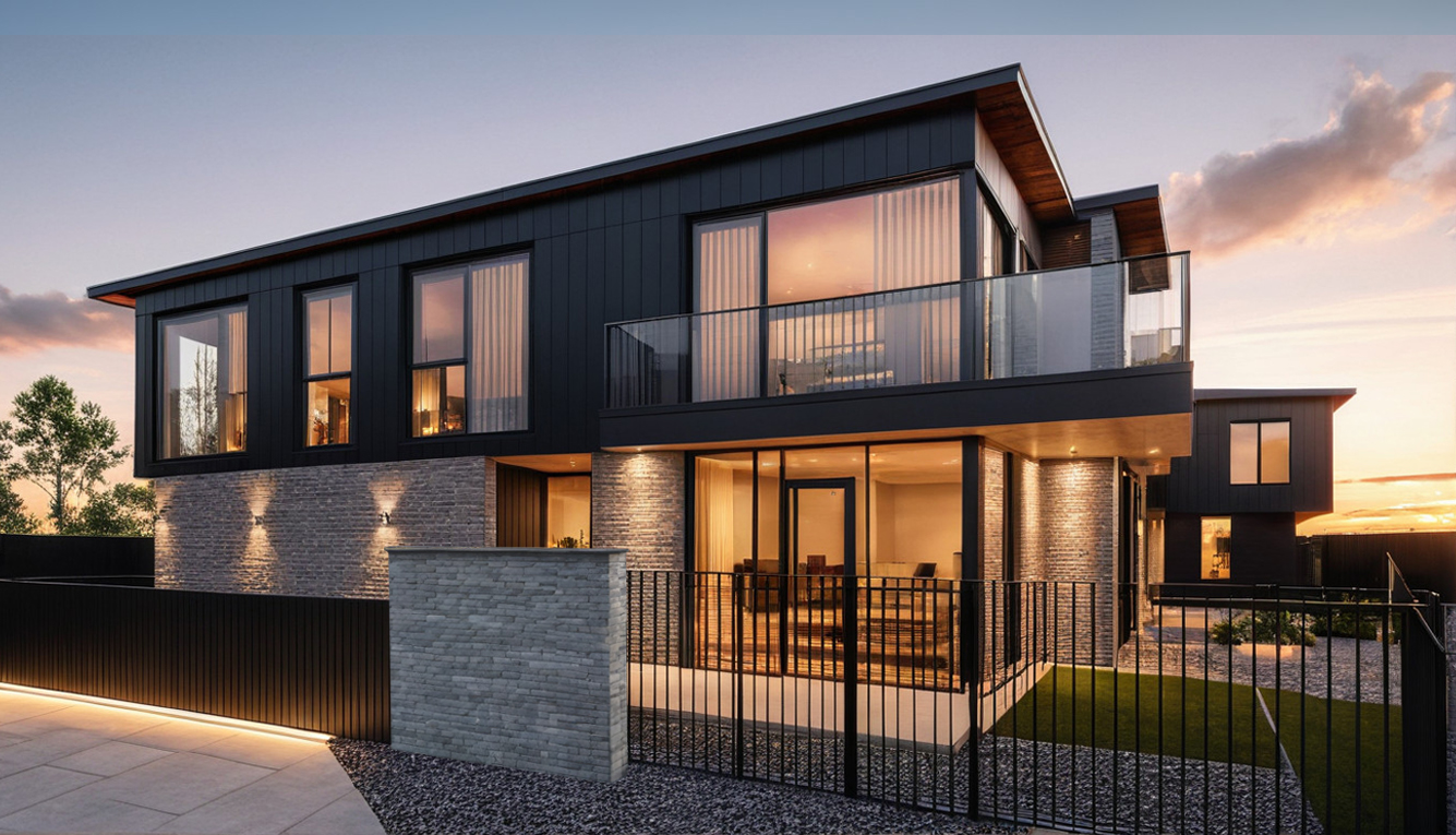 Contemporary residence at Nor'east Drive at sunset.