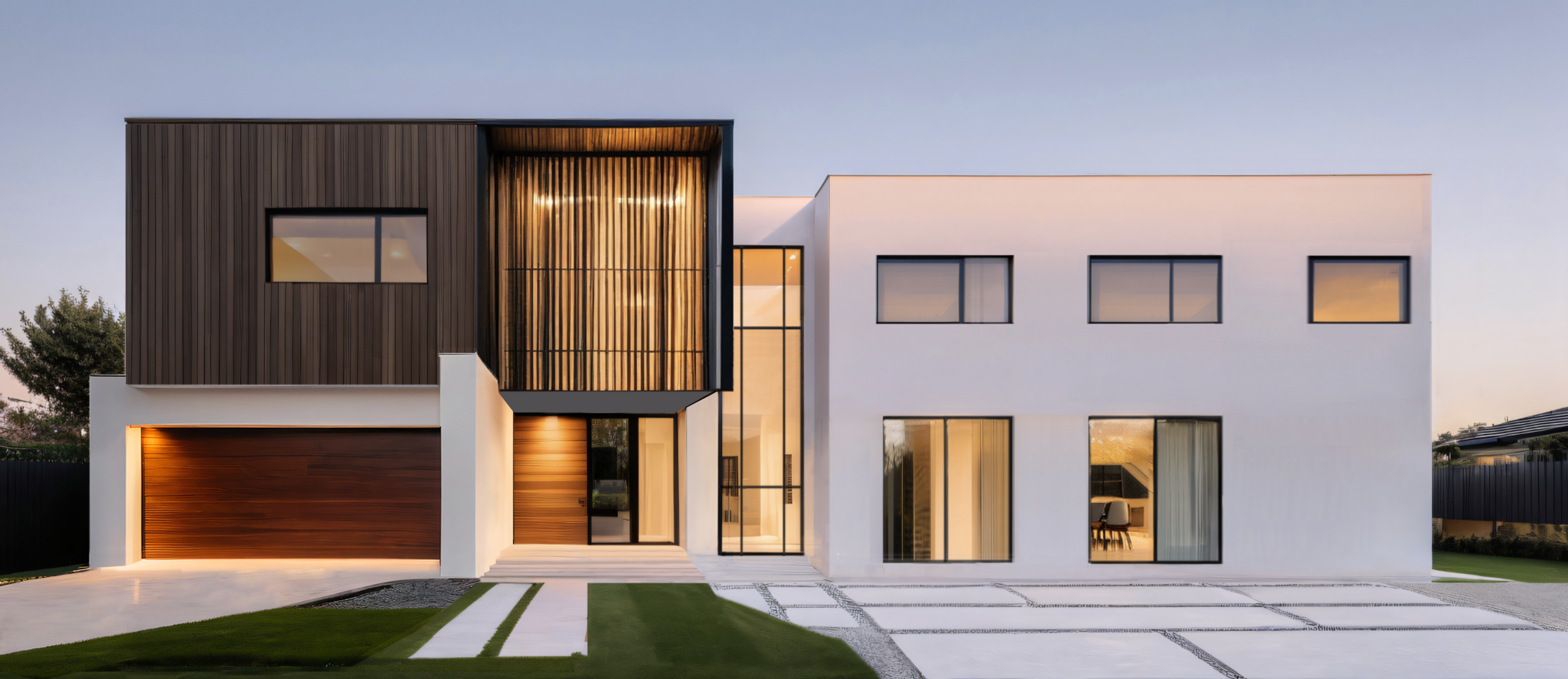 The Mews residence with contrasting dark timber and white facade volumes.