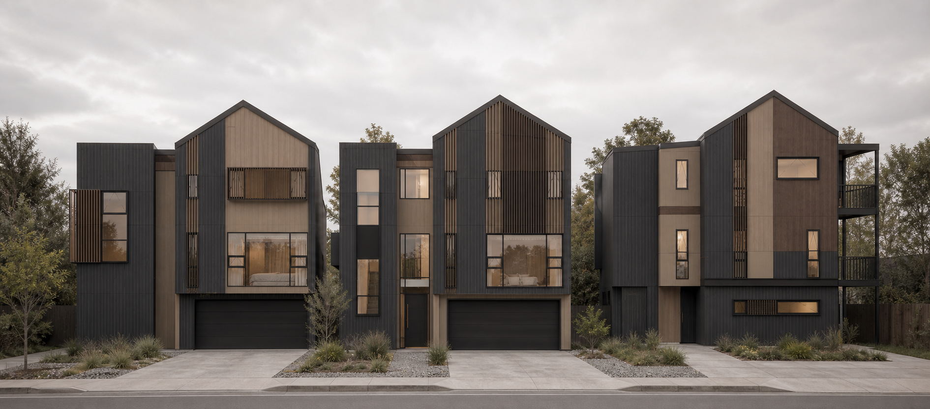 A row of contemporary gabled homes in a dark material palette.