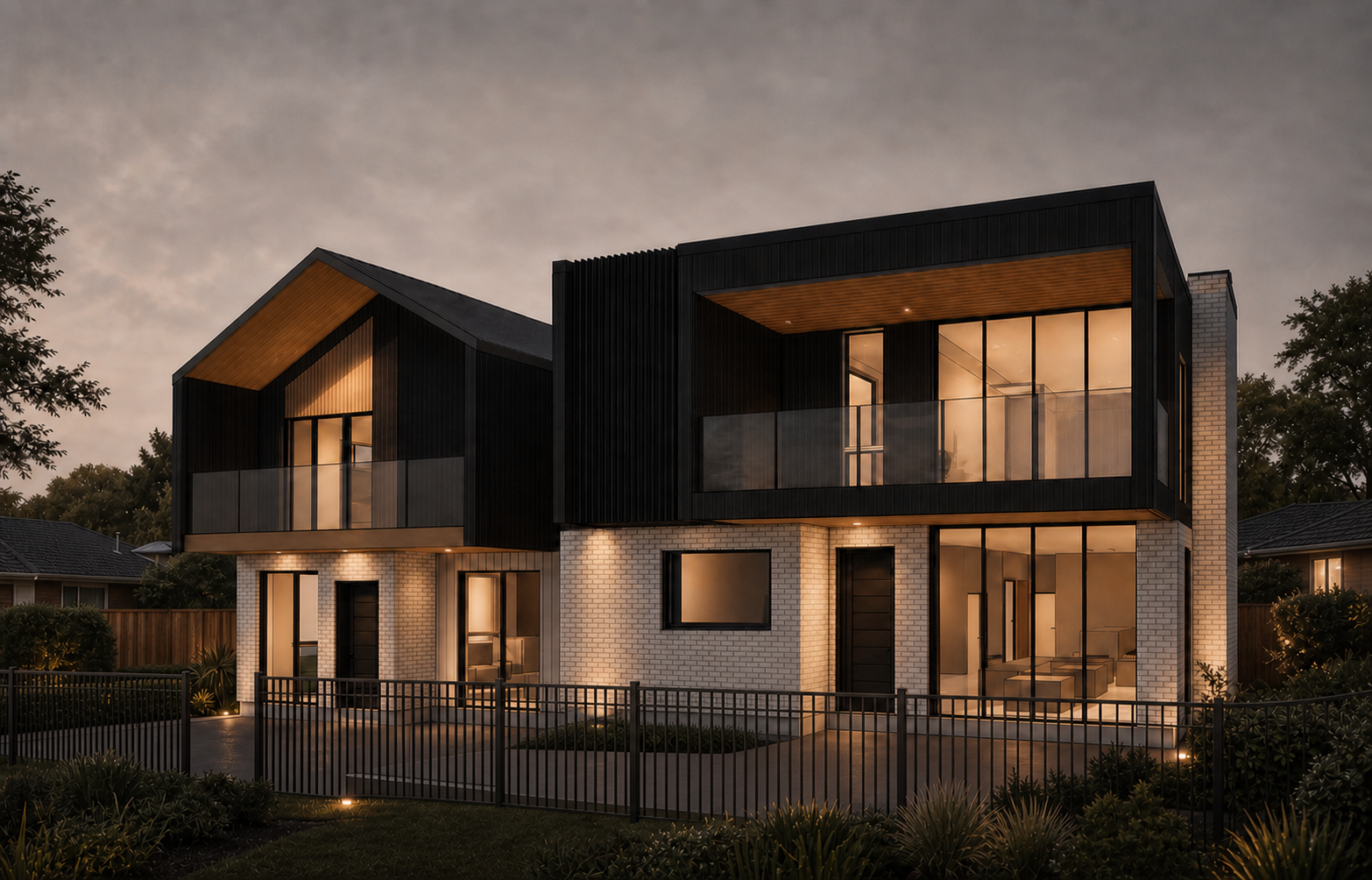 Gollan Road paired residence at dusk.