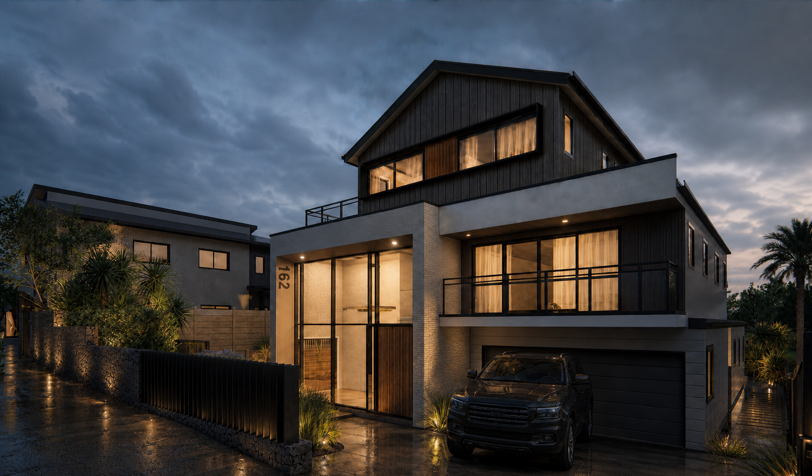 Rendered evening view of Epsom Residence with dark timber cladding, pale masonry and warm interior light.