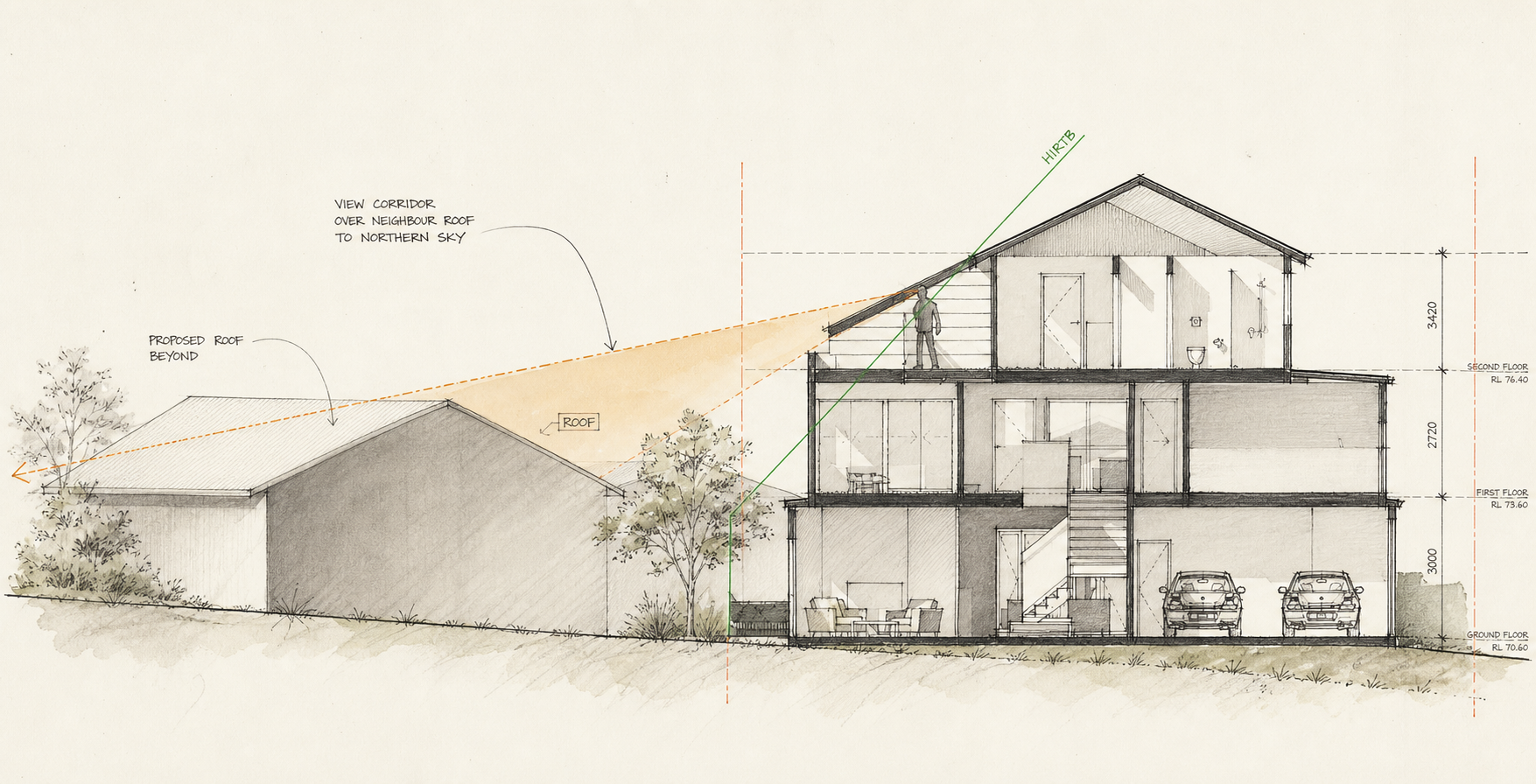 Section drawing for Epsom Residence showing the stepped house, view corridor and relationship to neighbouring roof lines.