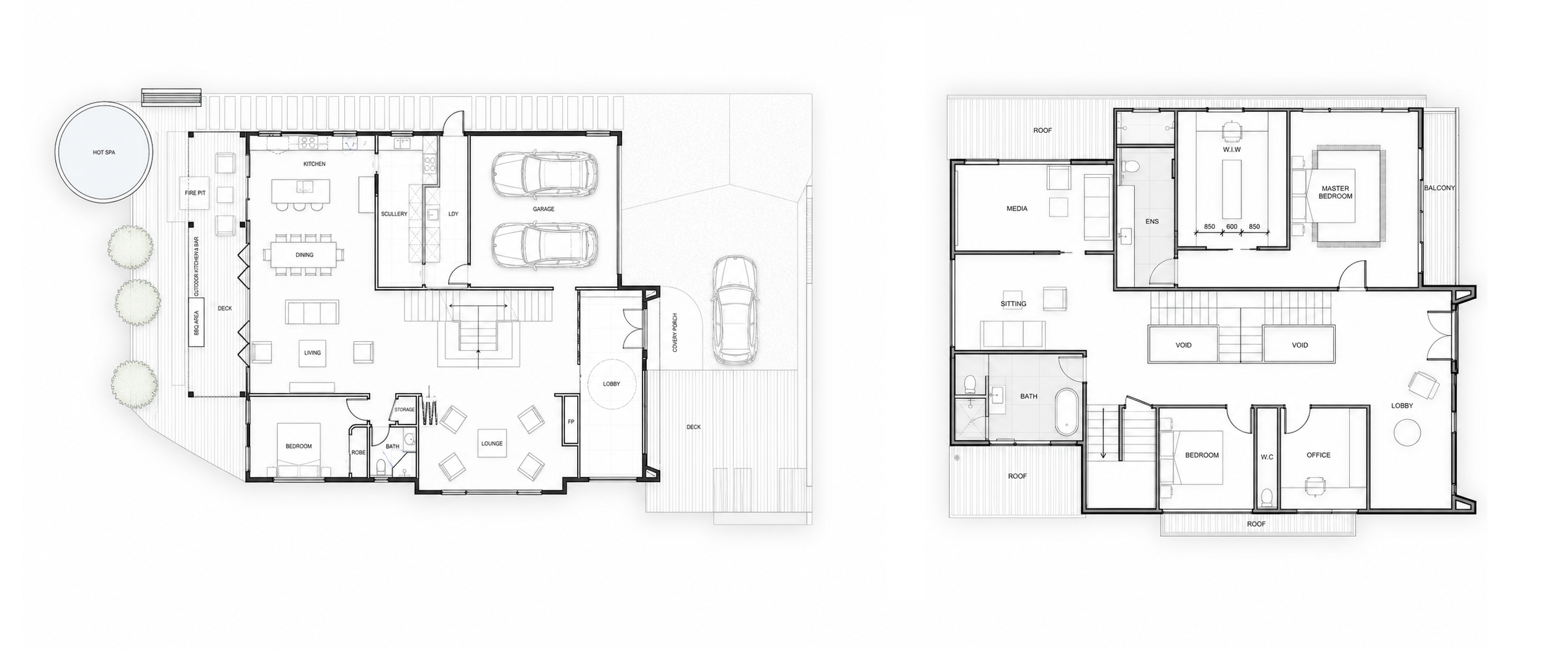 Ground and upper floor plans for Epsom Residence.