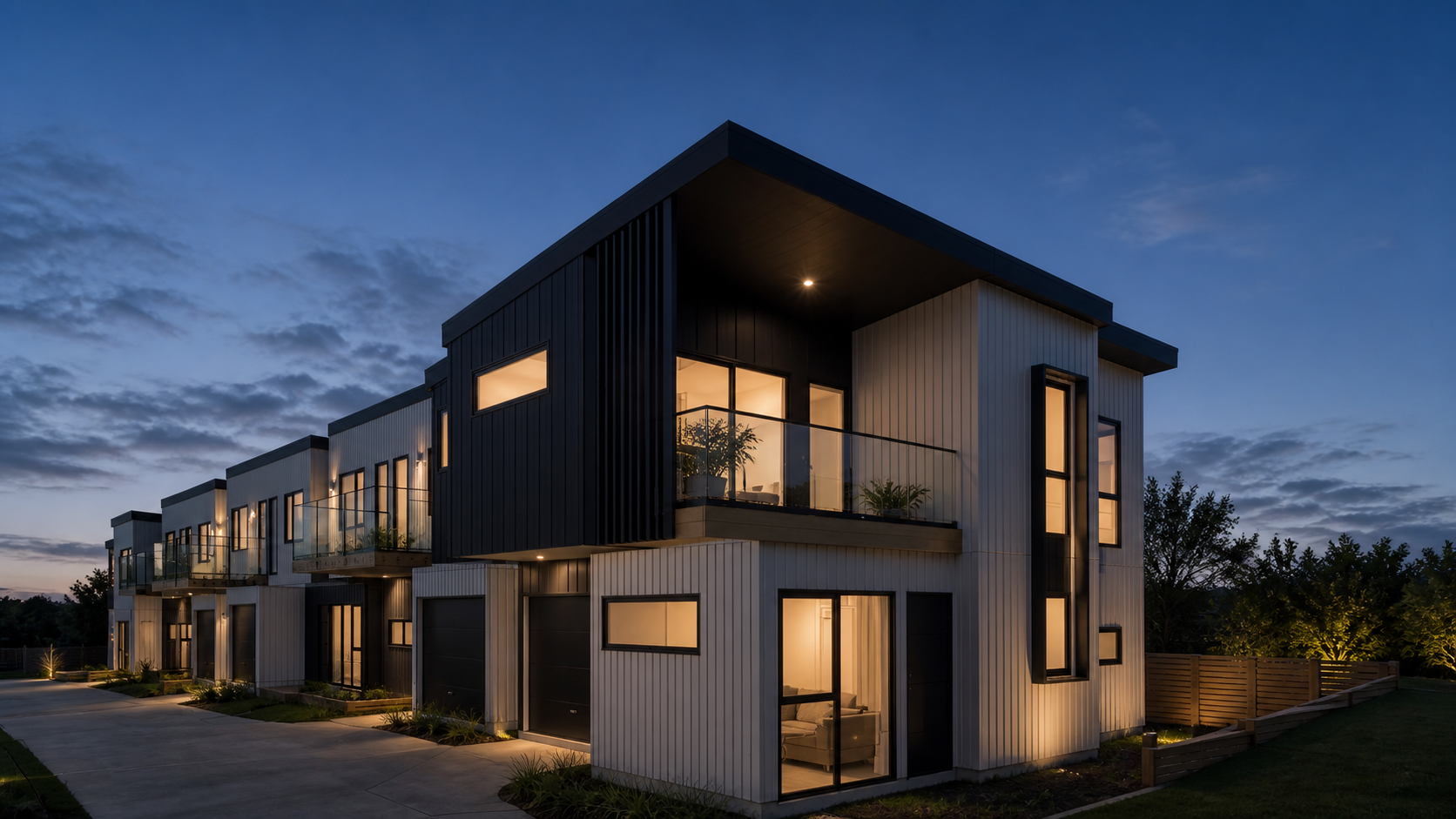 Evening render of Mt Albert Residence showing elevated homes with balconies and warm interior light.