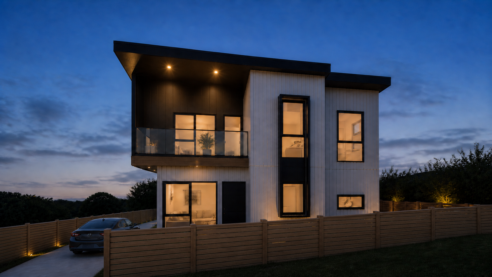 Evening render of Mt Albert Residence showing the front facade with dark and light vertical cladding and balcony glazing.