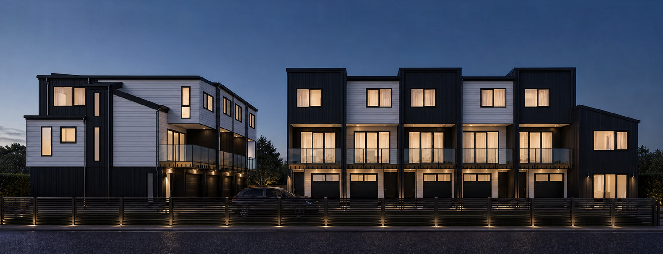 Evening render of Otahuhu Residence showing a long row of compact homes with alternating dark and light cladding.