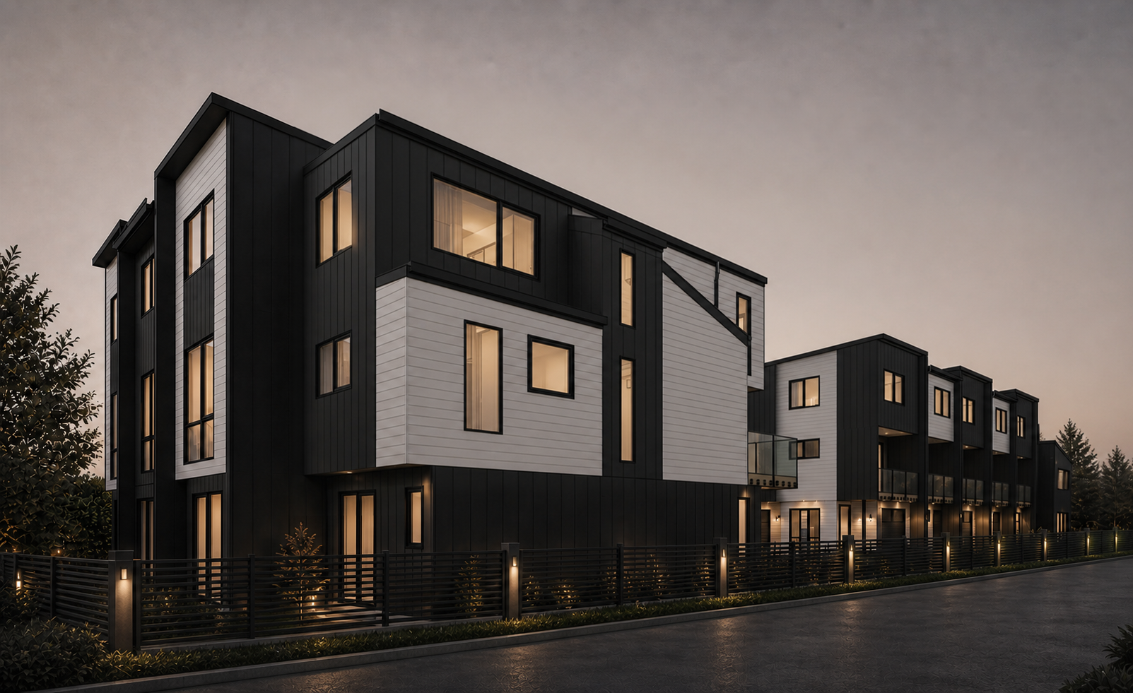 Evening perspective render of Otahuhu Residence showing repeated townhouse forms and warm interior light.
