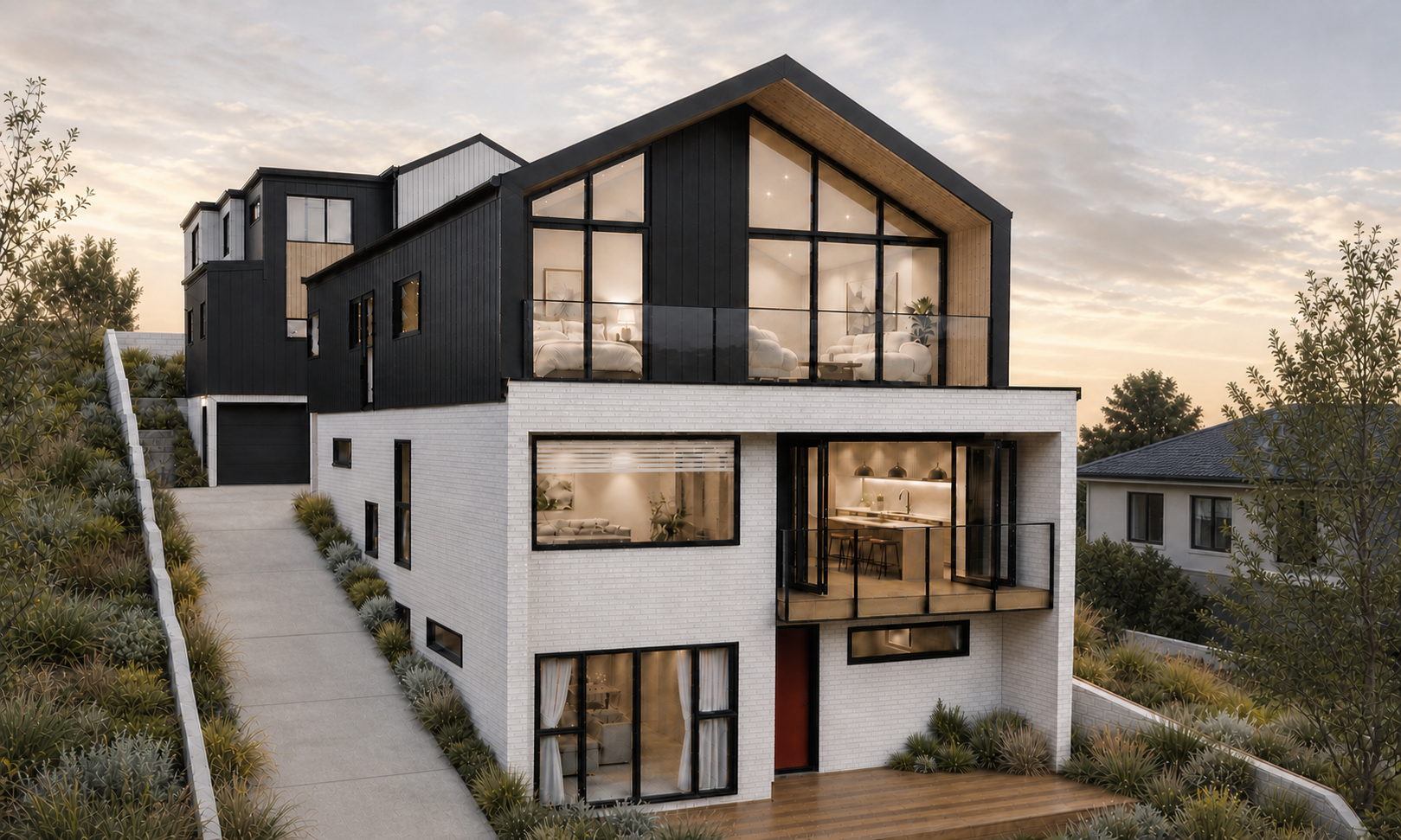 Rendered view of Mahoe Villa in Remuera with black cladding, white brick and planted hillside edges.