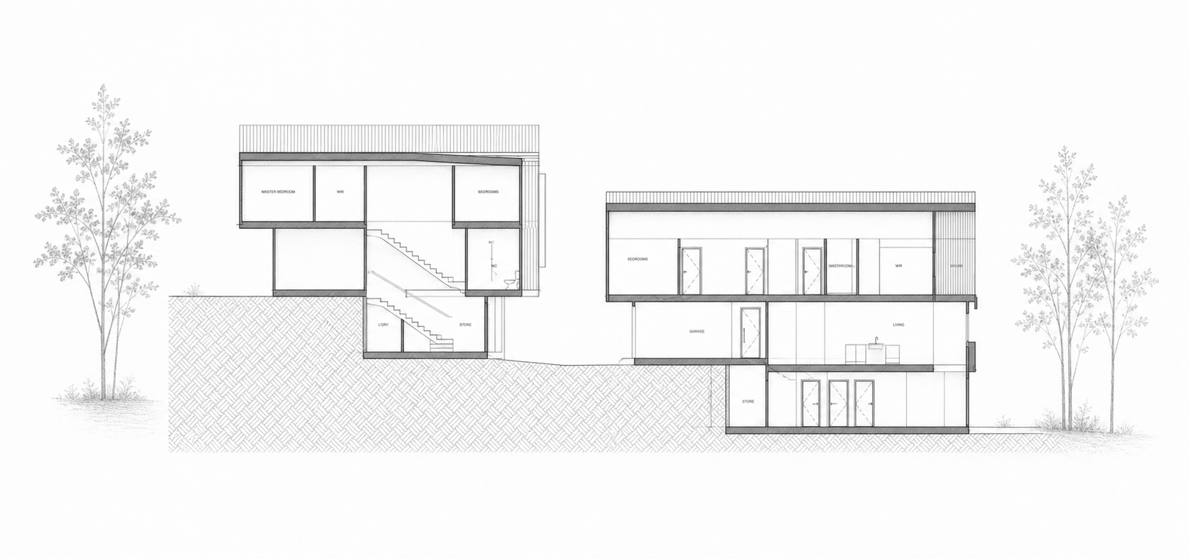 Long section drawing for Mahoe Villa in Remuera.