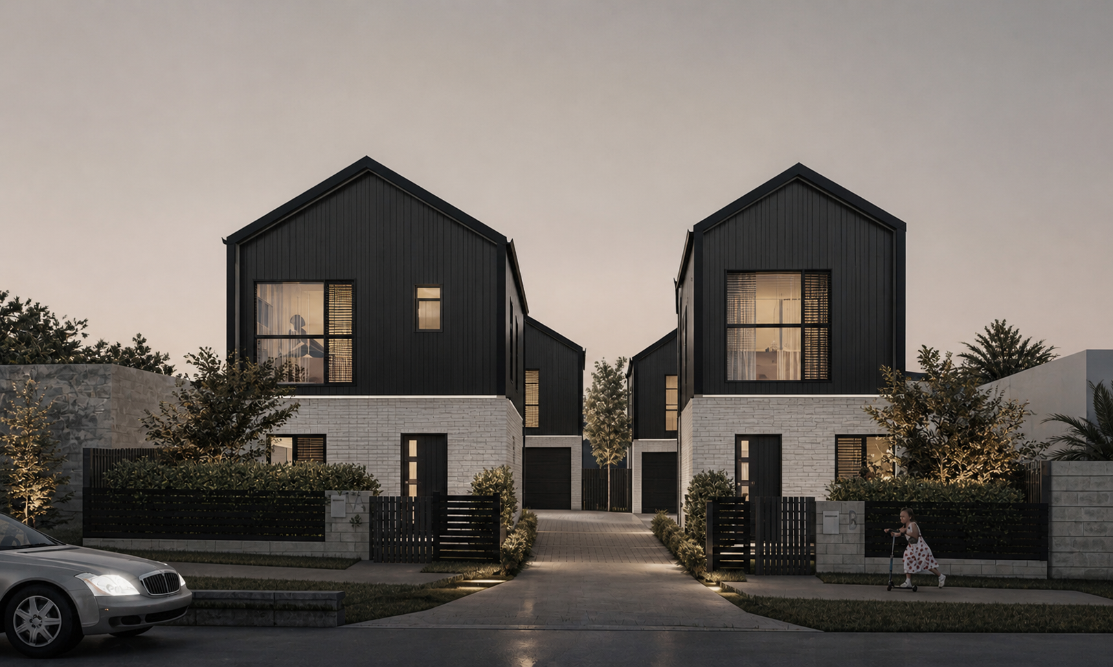 Rendered view of Stonefield Residence with paired gabled forms, dark upper cladding and light masonry bases.