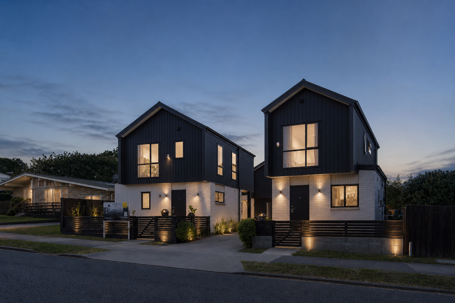Completed Stonefield Residence street view at dusk with paired gabled homes and warm interior light.